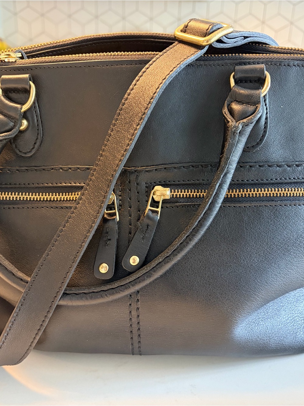 Roots Black Pebble Leather Laptop Tote with Gold Hardware